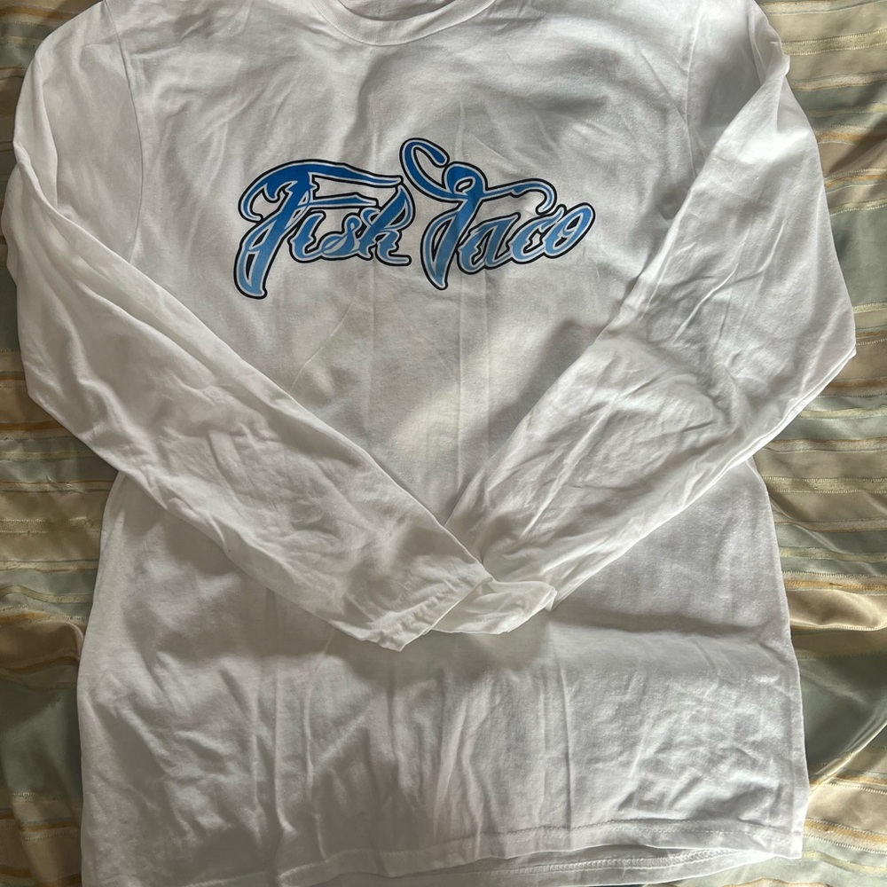 Port and Company Fish Face White Long Sleeve Tee with Blue Graphic